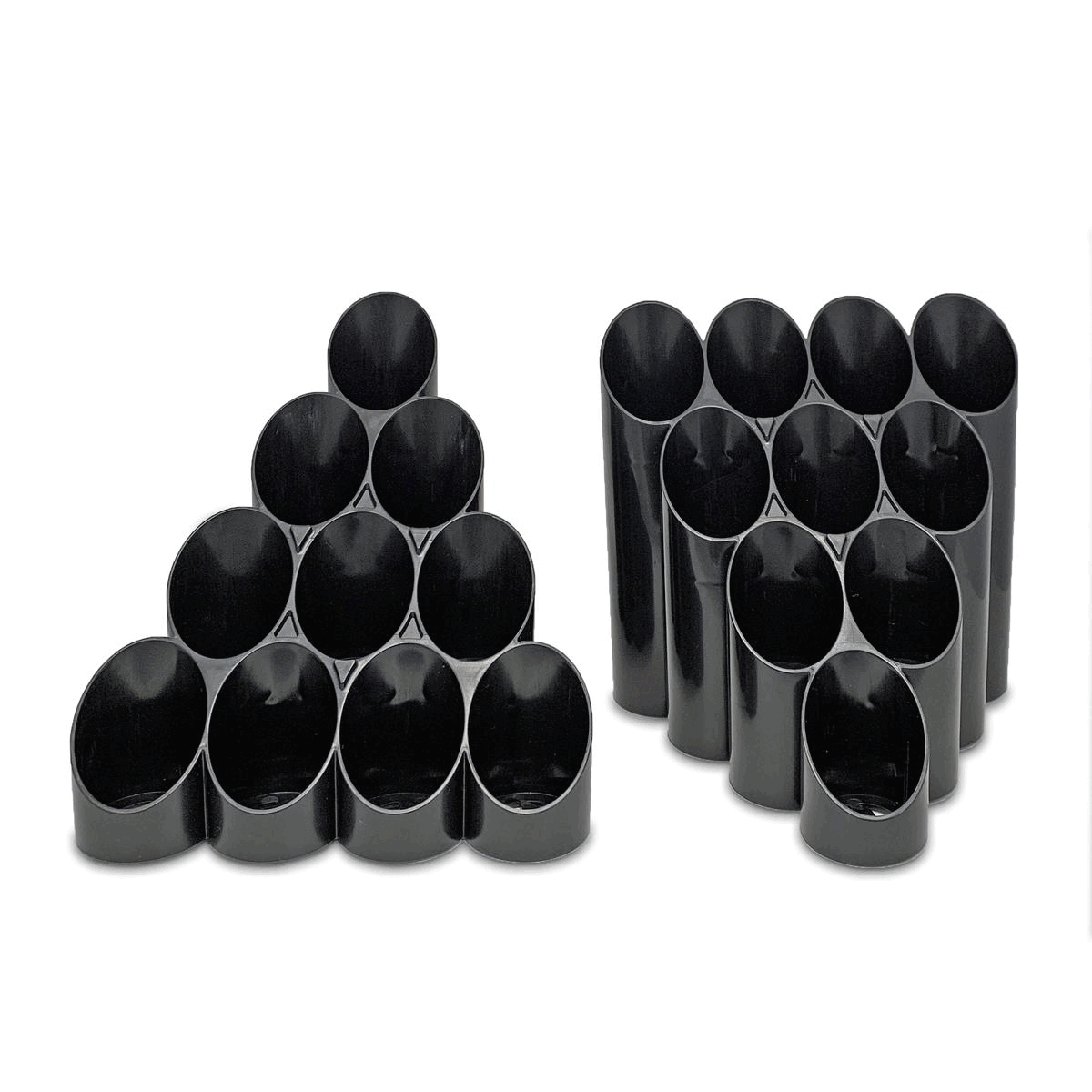 Hot sauce 10-bottle display stand, tiered triangle layout, stands nest together to create infinitely long display of hot sauce