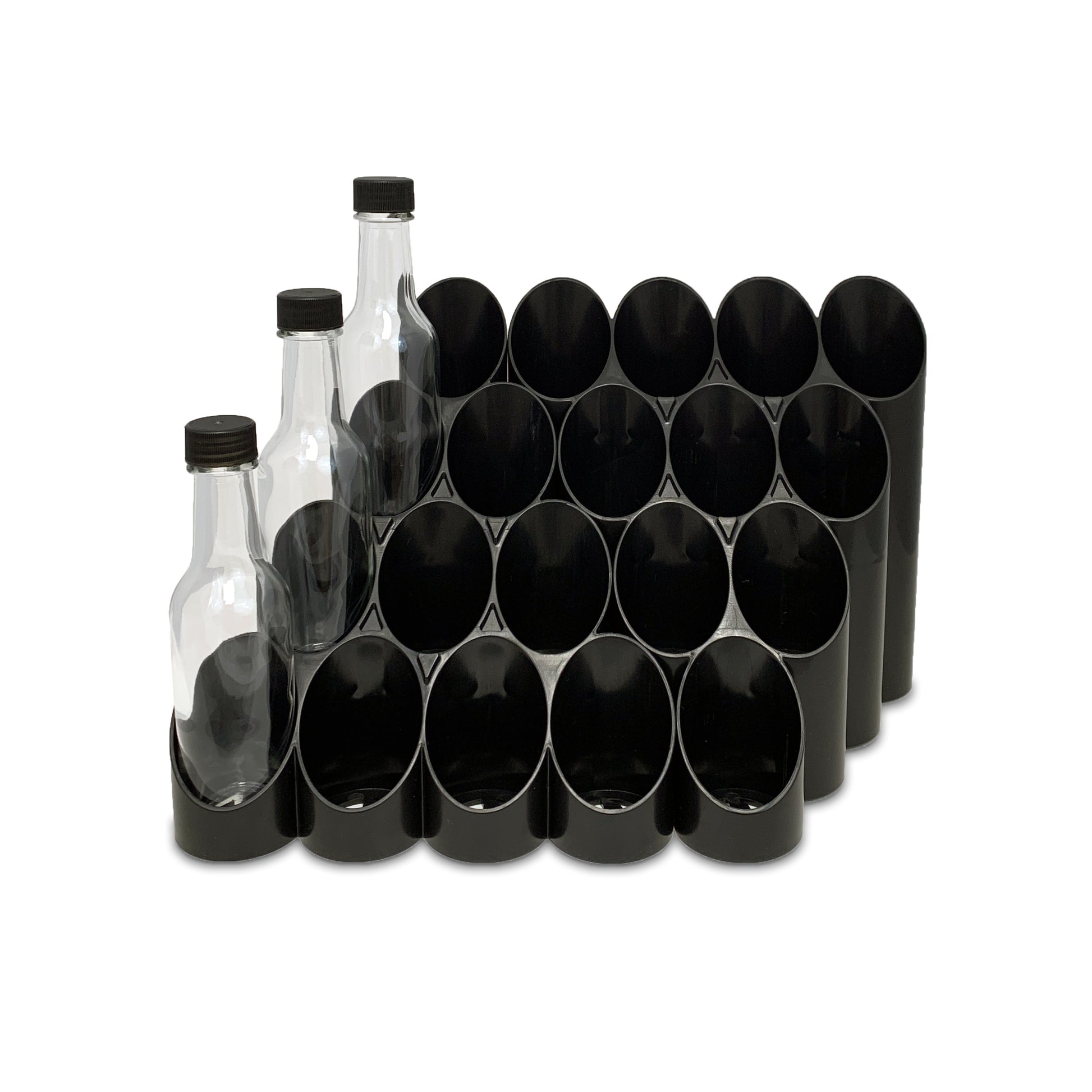Hot sauce 10-bottle display stand, tiered triangle layout, stands nest together to create infinitely long display of hot sauce, fits standard 5-oz woozy bottles