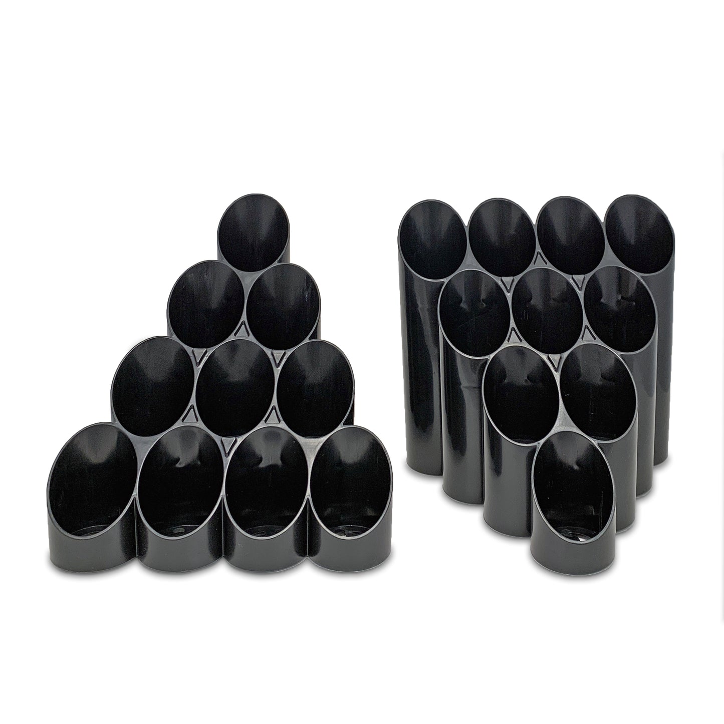 Hot sauce 10-bottle display stand, tiered triangle layout, stands nest together to create infinitely long display of hot sauce
