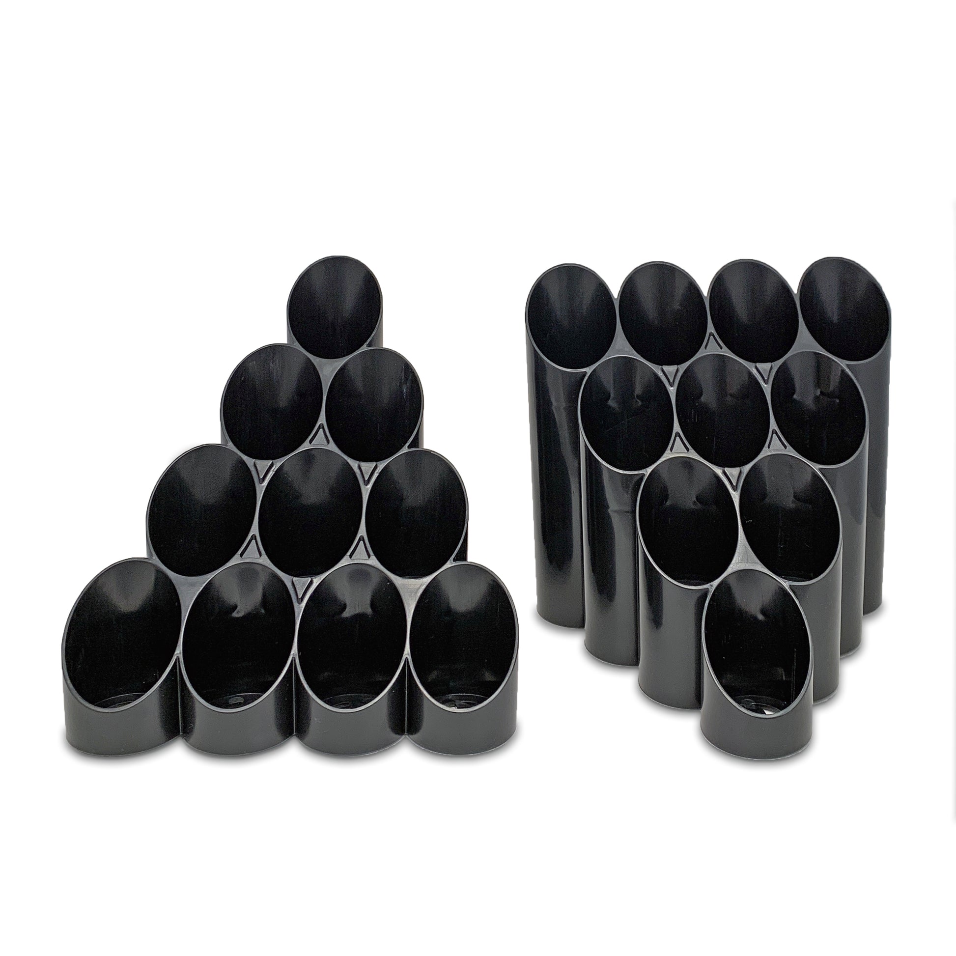 Hot sauce 10-bottle display stand, tiered triangle layout, stands nest together to create infinitely long display of hot sauce